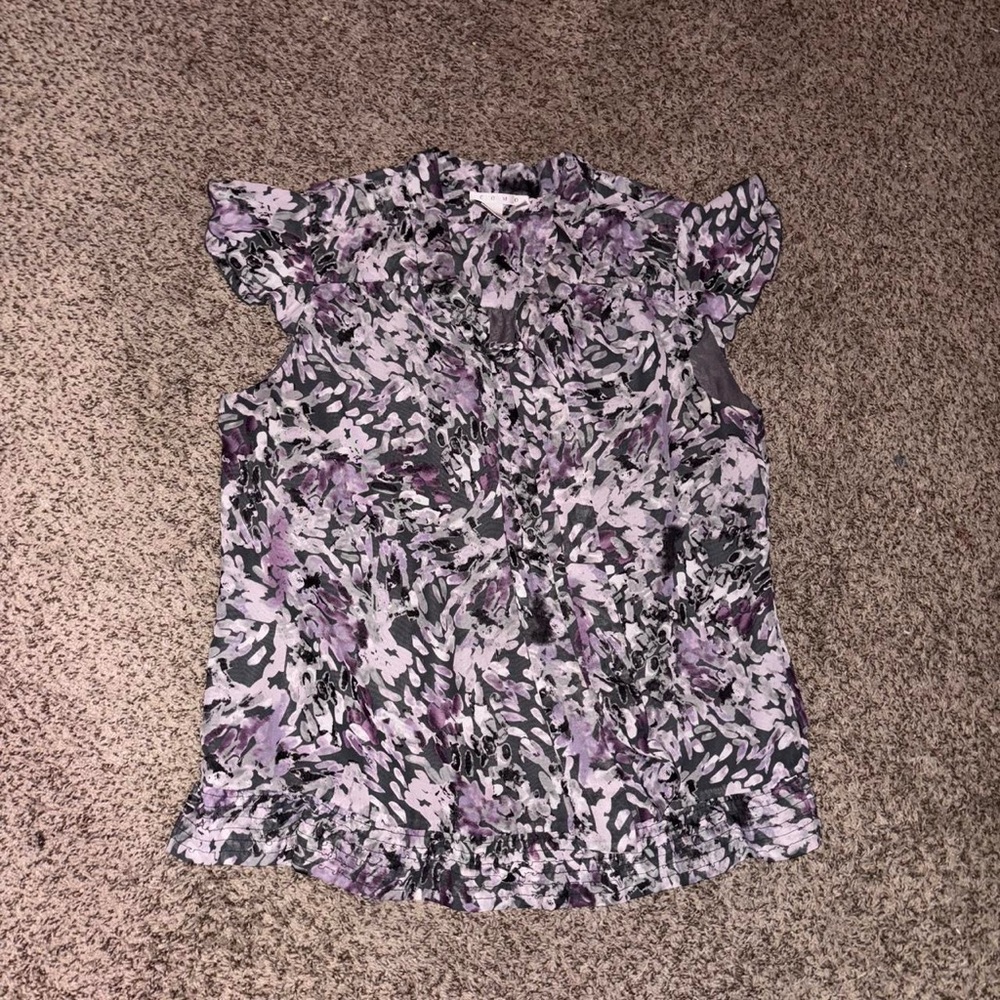 Purple and white floral blouse with ascot and frilly sleeves